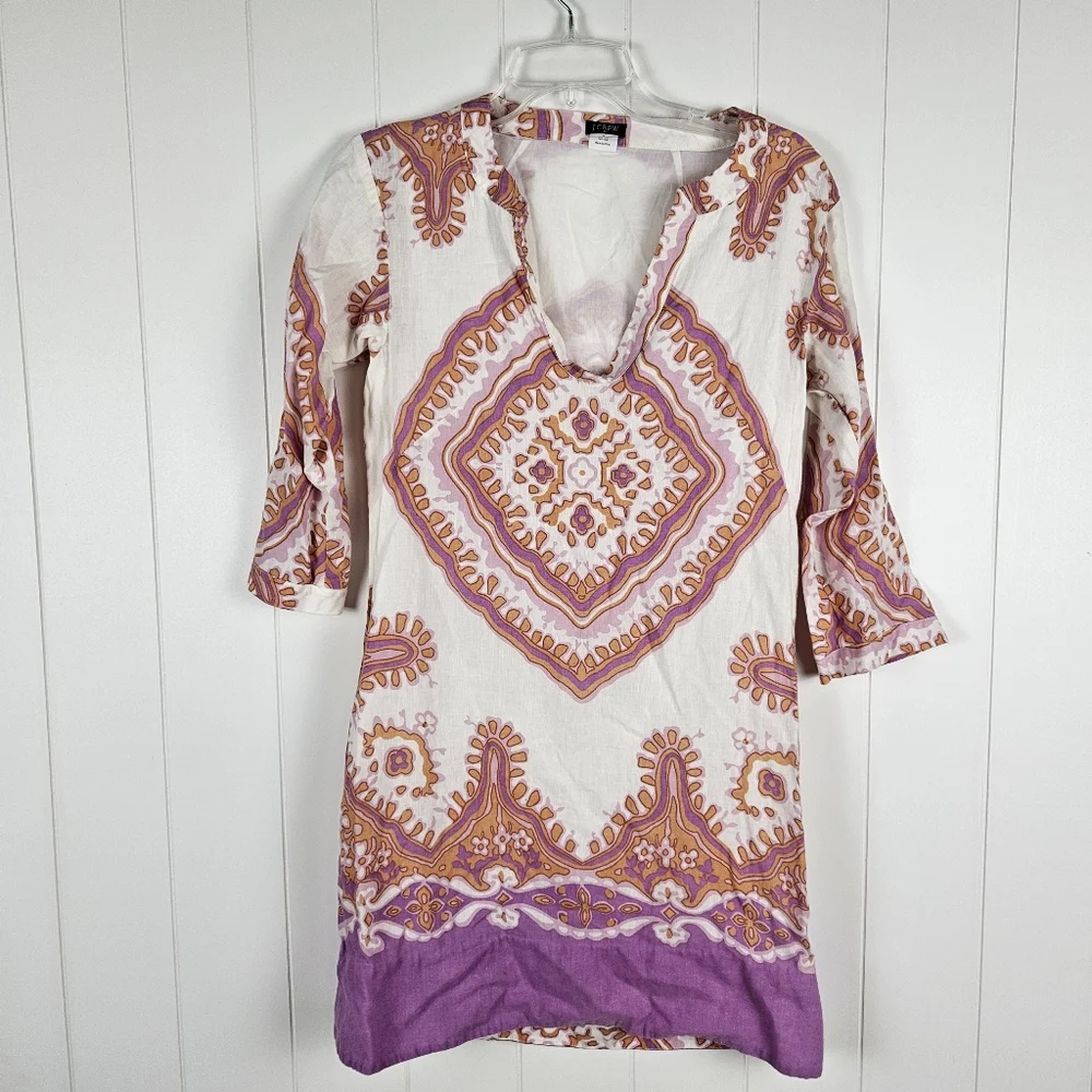 J Crew Dress Womens Linen Blend Shift Boho Colorful Resort Beach Vacation